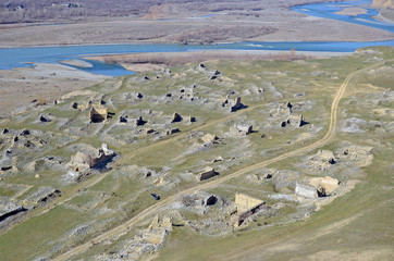 Top view on the ruins of old city Uplistsikhe near Aragvi river