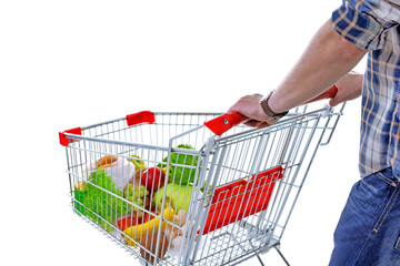 Young man with shopping cart isolated on white