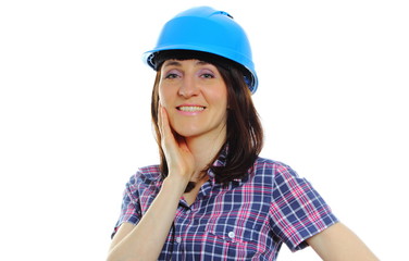 Smiling builder woman wearing protective blue helmet