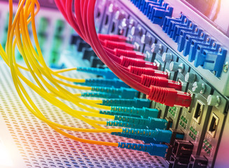 Fiber Optic cables connected to an optic ports and Network cable