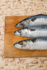 Three mackerel on a Board on the table.