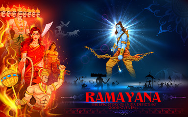 Lord Rama, Sita, Laxmana, Hanuman and Ravana in Dussehra poster - obrazy, fototapety, plakaty
