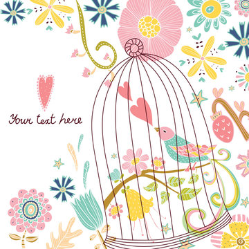 Cute postcard. Bird in a cage. Flowers motif.
