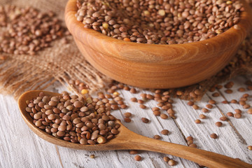 Brown lentils are scattered on a table close-up. Horizontal
