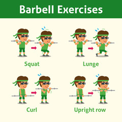 Cartoon set of man doing barbell exercise step for health and fitness