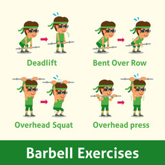 Cartoon set of man doing barbell exercise step for health