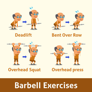 Cartoon set of old man doing barbell exercise step for health