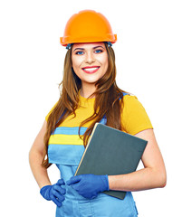 Engineer woman smile, hold business paper. Builder uniform cove