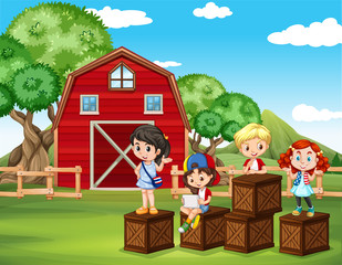 Children having fun in the barn