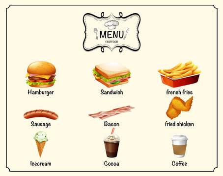 Different kind of fastfood on menu