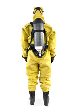 chemist  in a protective suit and breathing apparatus isolated under the white background