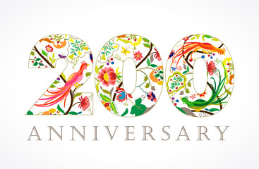 200 anniversary ethnic numbers. The template logo of two hundred years jubilee in vintage patterns with flowers and the birds of paradise.