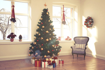 weihnachtlich dekoriertes Wohnzimmer im retro look