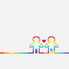 Gay marriage Pride symbol Two contour rainbow man LGBT icon Red heart Flat design