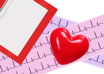 Heart analysis, electrocardiogram graph (ECG), clipboard and red