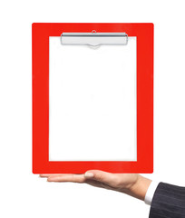 Clipboard with blank paper in woman hand isolated on white