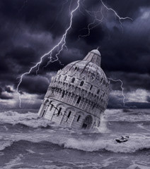 Surrealist apocalyptic scene of the Tower of Pisa flooded and sinking amidst a violent...