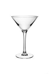 Wide glass on high legs close-up on a white background.