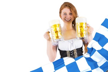 Composite image of oktoberfest girl holding jugs of beer