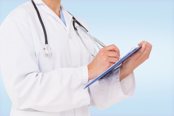 Composite image of doctor writing on clipboard