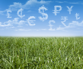 Fototapeta premium World currency units shaped clouds on green grass