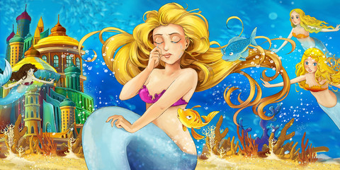 Fototapeta na wymiar Cartoon ocean and the mermaid and sisters - illustration for the children