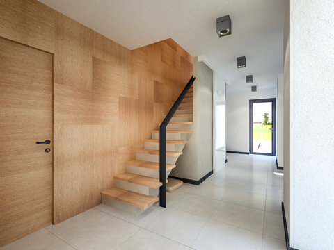 staircase hall with wood paneling