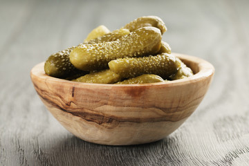 marinated cornichons in bowl