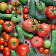 Tomatoes and cucumbers, top view.