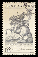 Postage stamp printed in Czechoslovakia showing a portrait of Wenceslaus Hollar riding a horse