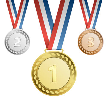 Gold, silver, bronze award medals with ribbons