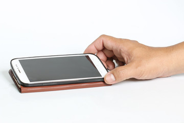 Hand holding smartphone, isolated on white background