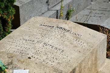 Amedeo Modigliani and Jeanne Hebuterne grave in Pere-Lachaise cemetery, Paris, France