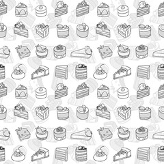  Desserts seamless pattern. Vector pictures of different delicious pastries and cakes. Cartoon image. Pastel color.