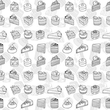  Desserts seamless pattern. Vector pictures of different delicious pastries and cakes. Cartoon image. Pastel color.