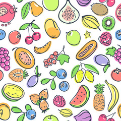 Seamless pattern with fruits. Pastel soft colors. Cartoon pictures of fruit. 
