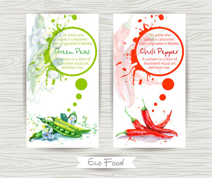 Flyer With Green Peas And Chili Pepper. Watercolor Illustration. Vector Poster Templates With Watercolor Paint Splash And Vegetables.