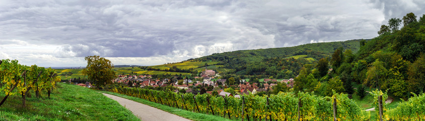 Fototapeta na wymiar Beautiful colorized autumn hills in Alsace, panoramic view