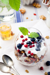 Healthy breakfast. Granola with berries, yogurt