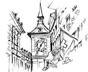 Bern’s old town, hand drawing, illustration