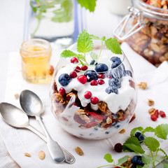 Healthy breakfast. Granola with berries, yogurt