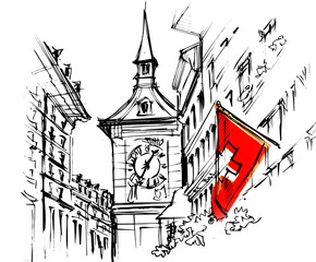 Bern’s old town, hand drawing, illustration