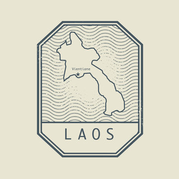 Stamp with the name and map of Laos