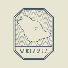 Stamp with the name and map of Saudi Arabia