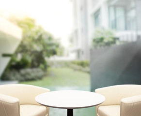 Table Top And Blur Building Of Background