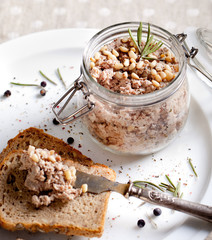 Duck meat terrine, pate with pine nuts, rosemary