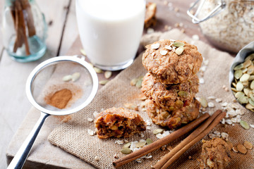 Oat and peanut butter cookies with glass of milk