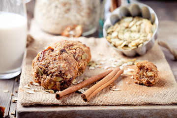Oat and peanut butter cookies with glass of milk