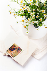 Bunch of chamomile flowers  with  postcards