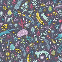 Naklejka premium Seamless pattern with floral elements and cartoon cats. Cute cartoon cats in flowers. This seamless pattern can be used for pattern fills, wallpapers, web page, surface textures. 